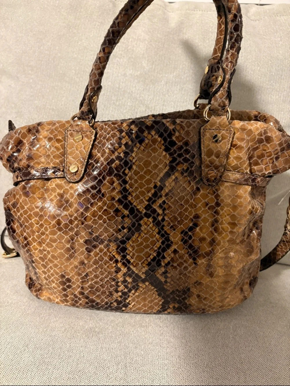 Michael Kors Brown Snake-Print Shoulder Bag with Tassel Charm